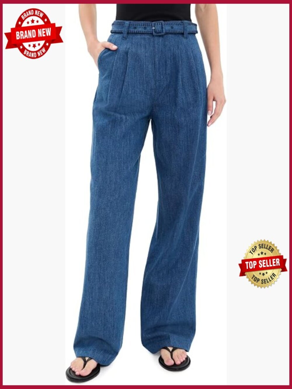 High Rise Wide Leg Denim Pants with Belt, Pleated Details